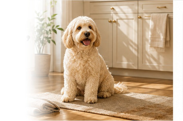 Happy dog sitting in a warm, clean home